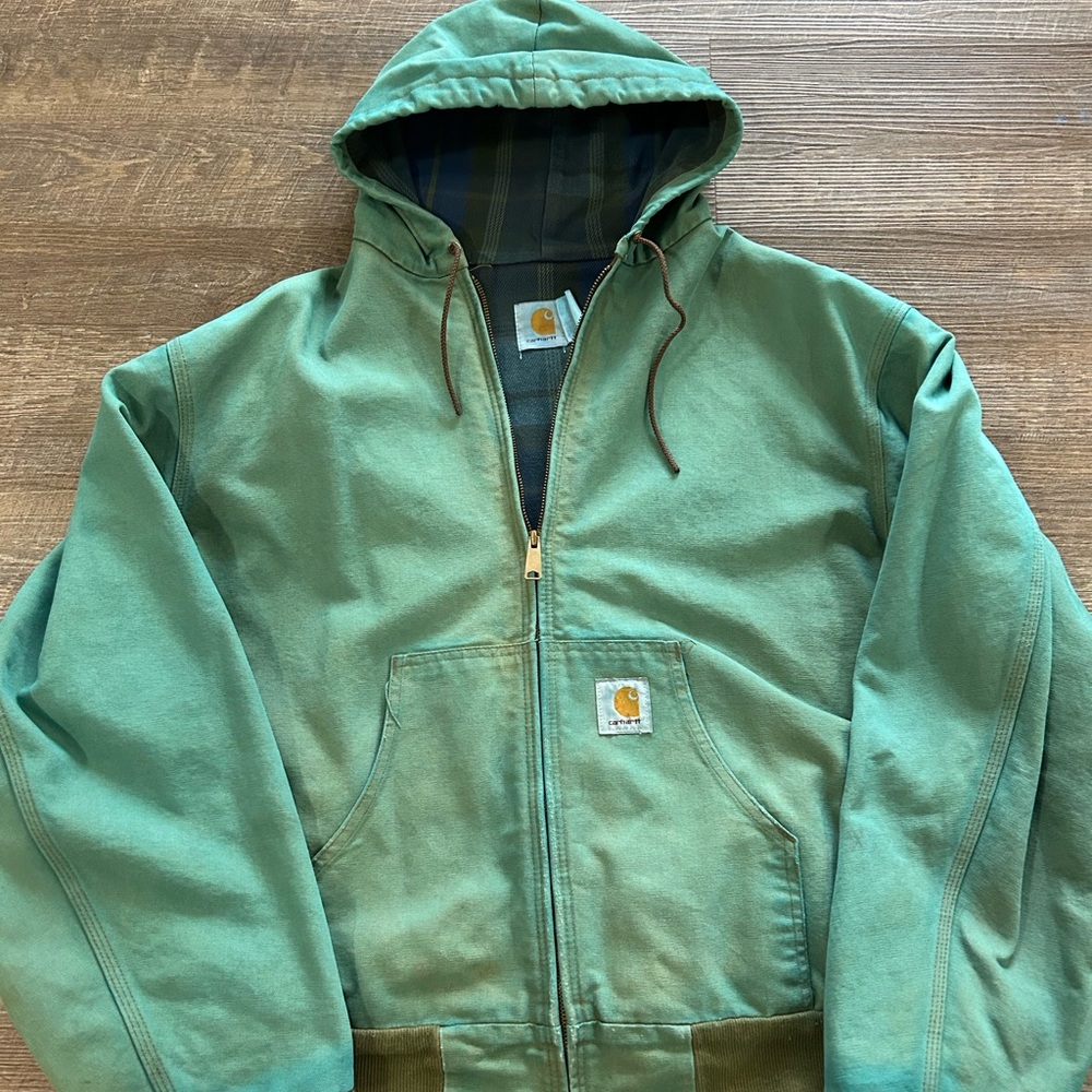 Carhartt Green Hooded Work Jacket with Plaid Lining
